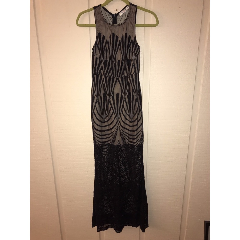 Black Lace over Grey Maxi Dress